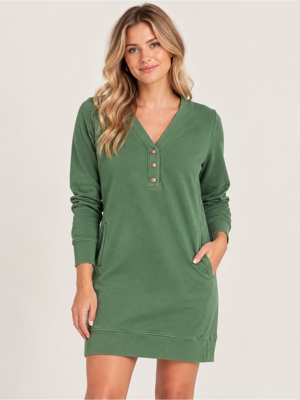 Pact Olive Green V-Neck Long Sleeve Sweatshirt Dress